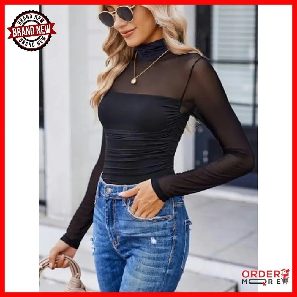 Long Sleeve Mesh Bodysuit Shapewear Turtle Neck Thong Back Snap Closure